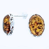 14 x 10 mm Oval Cognac Amber Set In Sterling Silver Post Earrings
