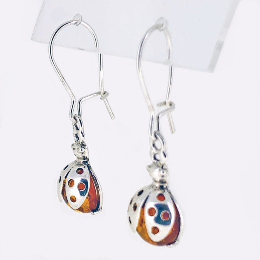 Cognac Amber Ladybug Design Dangling Earrings - Image 2