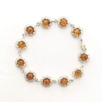 Round Shape Cognac Amber Sterling Silver Link Bracelet