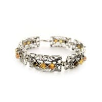 Multi-Color Diamond Shape Genuine Baltic Amber Set In Sterling Silver Link Bracelet