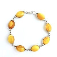 Oval Shape Baltic Amber Set In Sterling Silver Link Bracelet
