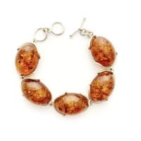 Large Oval Shape Baltic Amber Set In Sterling Silver Link Bracelet