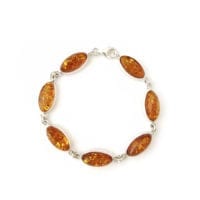 Oval Shape Cognac Baltic Amber Set In Sterling Silver Link Bracelet